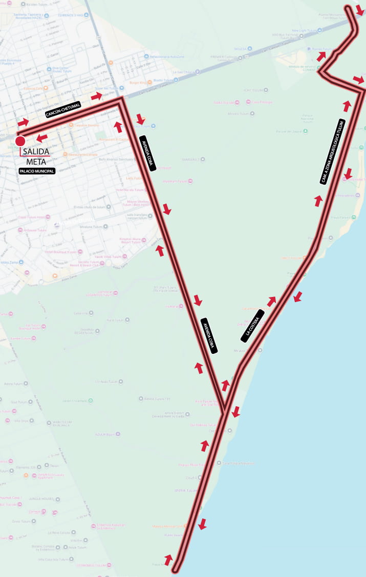 Recorrido de los 21K del Medio Maratón de Tulum 2025