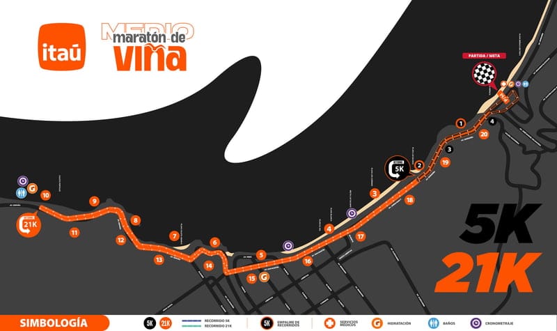 Recorrido de los 21K y 5K del Medio Maratón de VIña 2026